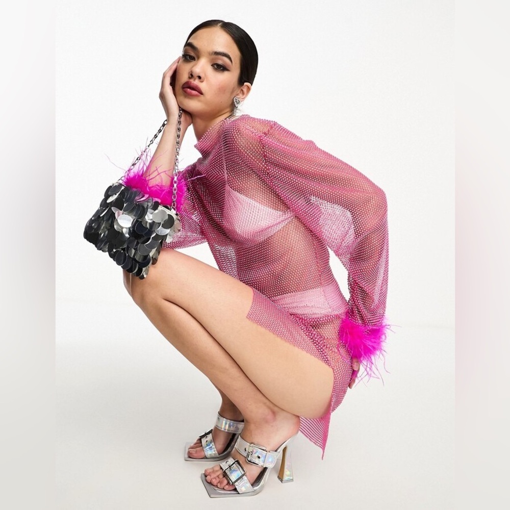 AMYLYNN Pink Chainmail Sheer Rhinestone Long Sleeve Feathered Mini Dress